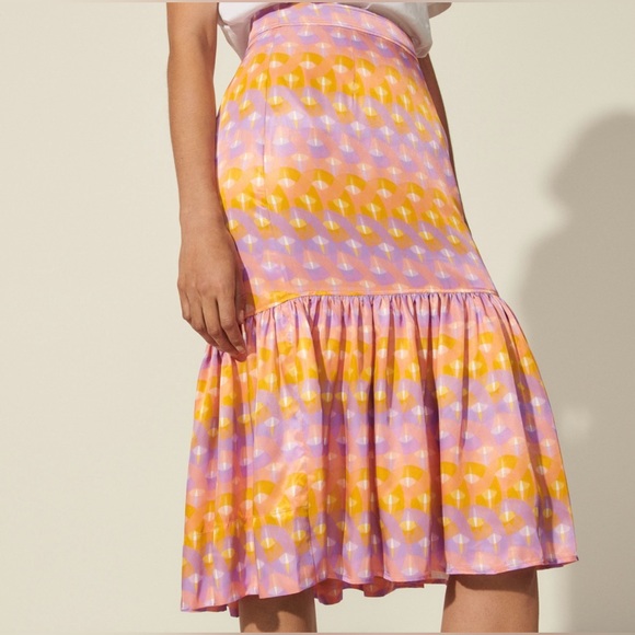 Sandro Paris | Eugenia Satin Pink & Orange Print Midi Skirt | XS - Picture 1 of 11